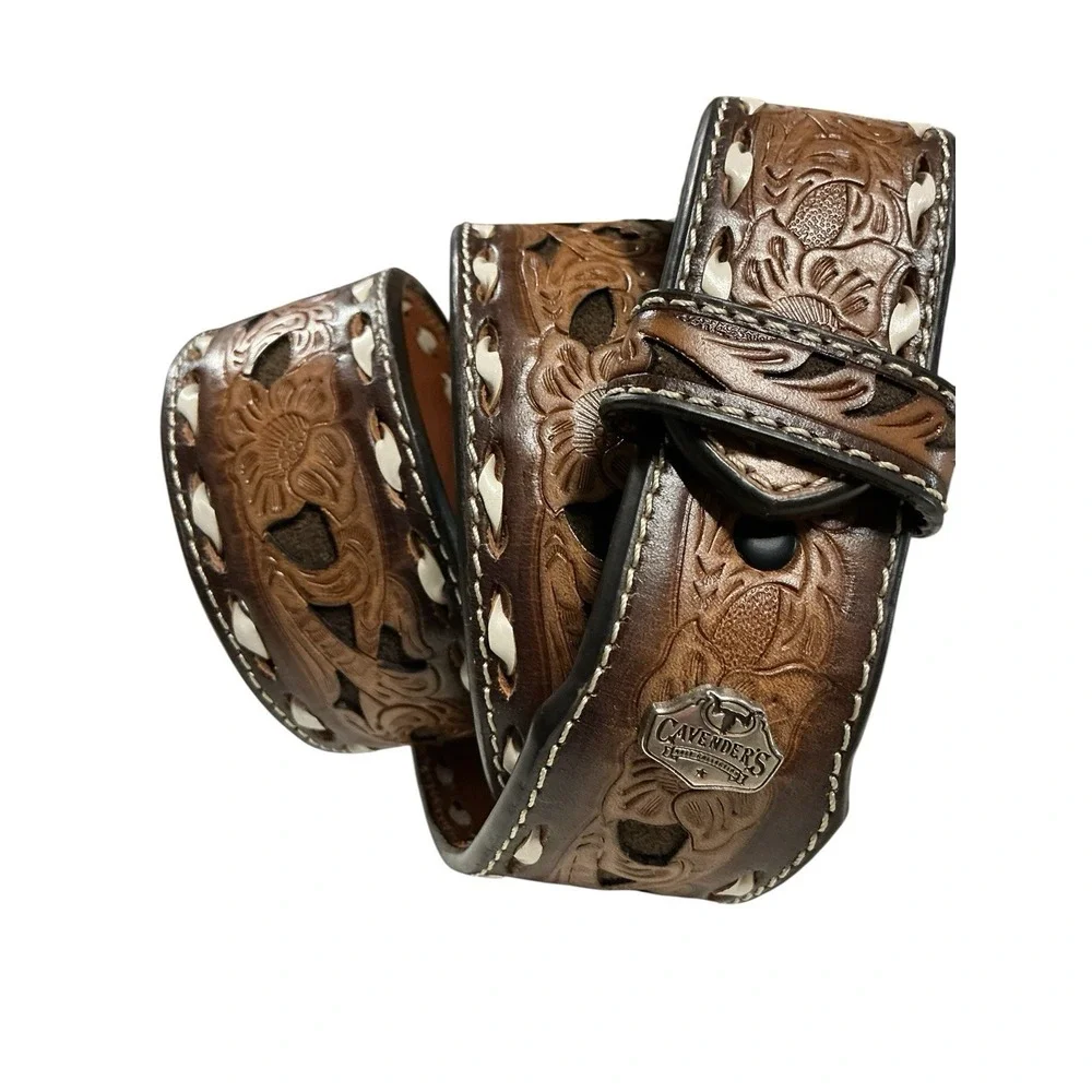 Vtg Cavender's Genuine Tooled Leather Western Belt Sz 36 Cowboy